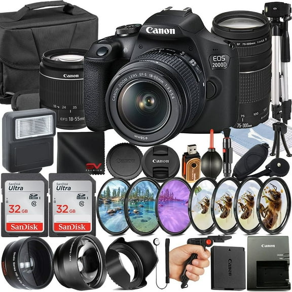 Canon EOS 2000D / Rebel T7 DSLR Camera with 18-55mm   75-300mm Lens   2 Pack SanDisk 32GB Memory Card   Case   Tripod   Telephoto   SV Premium Accessory Bundle
