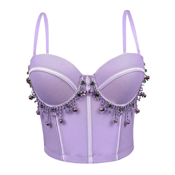 Women's Rhinestone Tassel Corset Top, Spaghetti Straps Sexy Underwire Bustier Halloween Camisoles Tops
