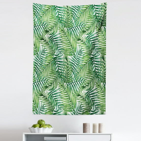 Leaf Tapestry, Watercolor Print Botanical Wild Palm Trees Leaves Ombre Design Image Exotic Jungle, Fabric Wall Hanging Decor for Bedroom Living Room Dorm, 5 Sizes, Green White, by Ambesonne