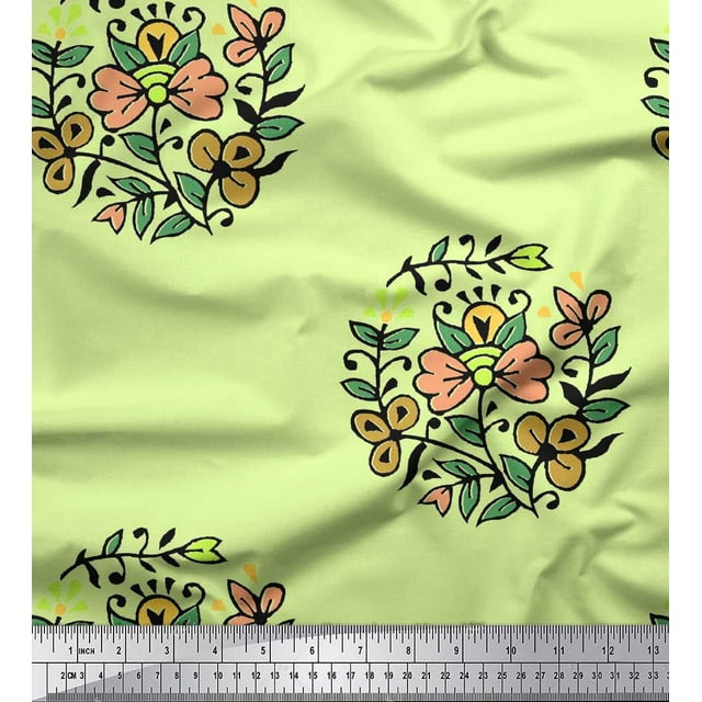 Soimoi Poly Georgette Fabric Leaves & Floral Block Print Fabric by Yard 42 Inch Wide