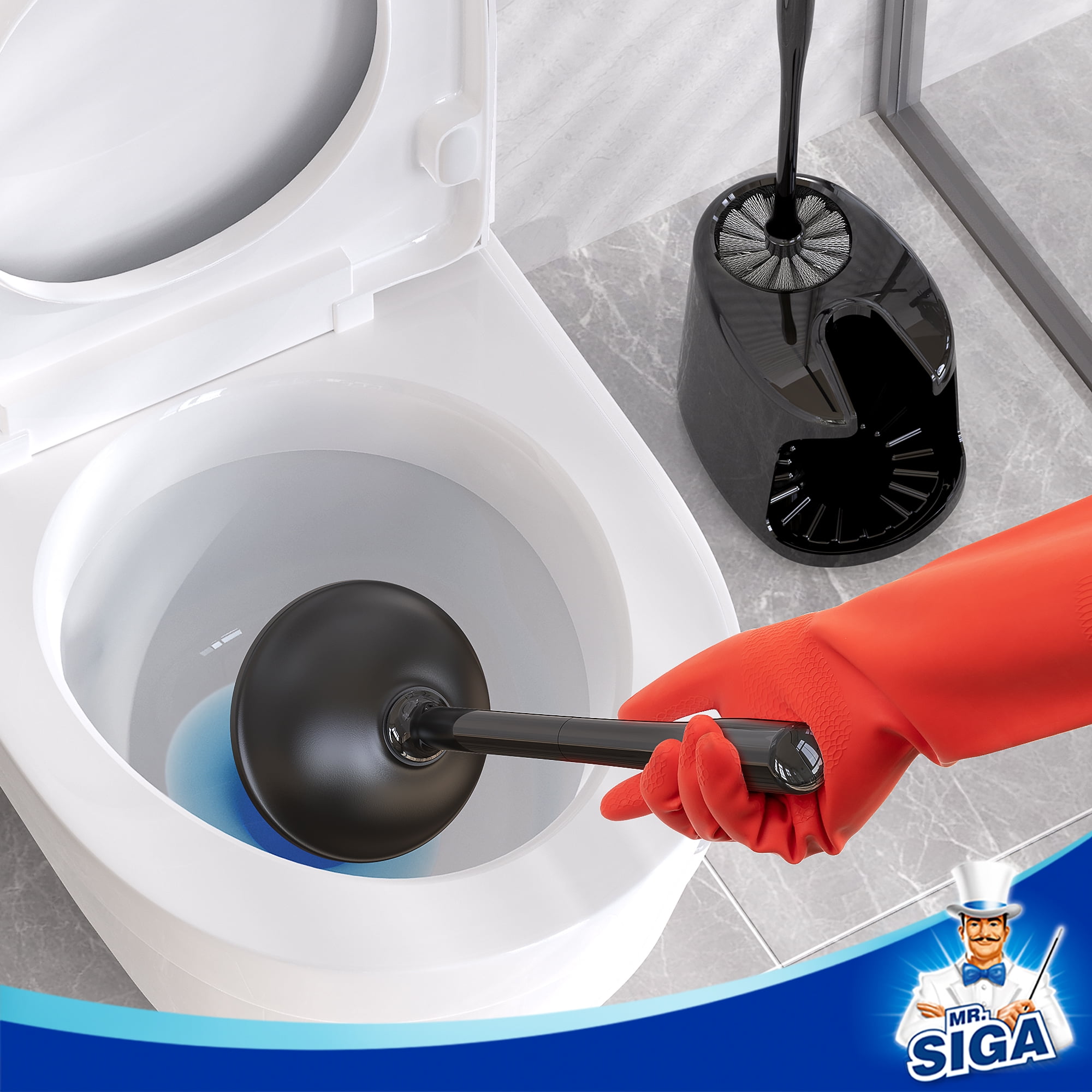 MR.SIGA Toilet Plunger and Bowl Brush Set with Holder,  Bathroom Cleaning , Black, 1 Set,for Adults
