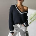 thumbnail image 2 of Yzengfg Ladies' College Style Color Block V Neck Sweater Relaxed Fit For Casual Wear Navy, 2 of 5