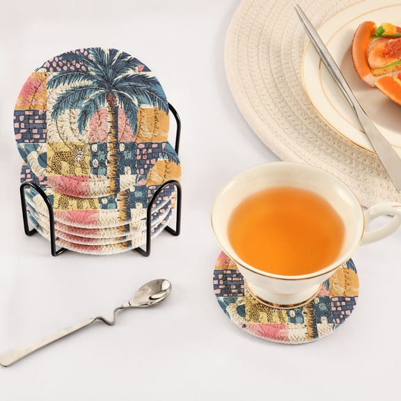BZSMCE 6Pcs Drink Coasters With Holder 3.94Inch Colorful Jungle Themed Patchwork Design Creative Coil Coaster Coasters Colors Absorbent Coasters for Drinks Coasters Set Thicken Heat for Home Table