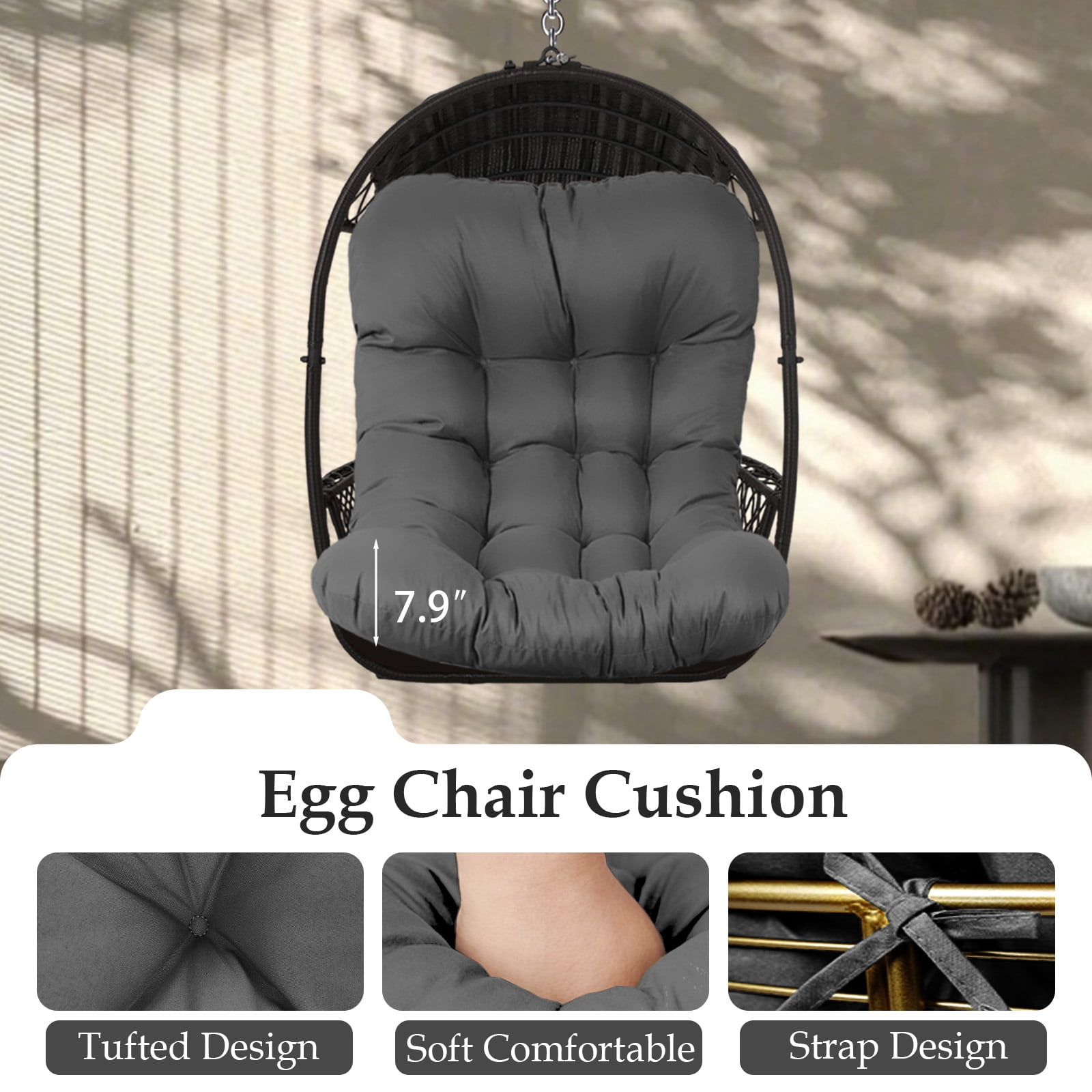 XXLYY Outdoor Egg Chair Cushion Replacement, 7.9”Thick Waterproof Hanging Chair Cushion with Ties for Patio & Porch