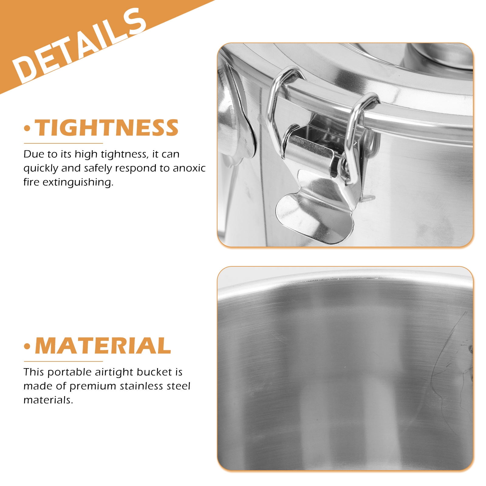 HONMEET Portable Airtight Stainless Steel Bucket  Round Silver Fire Extinguishing for Camping Kitchen