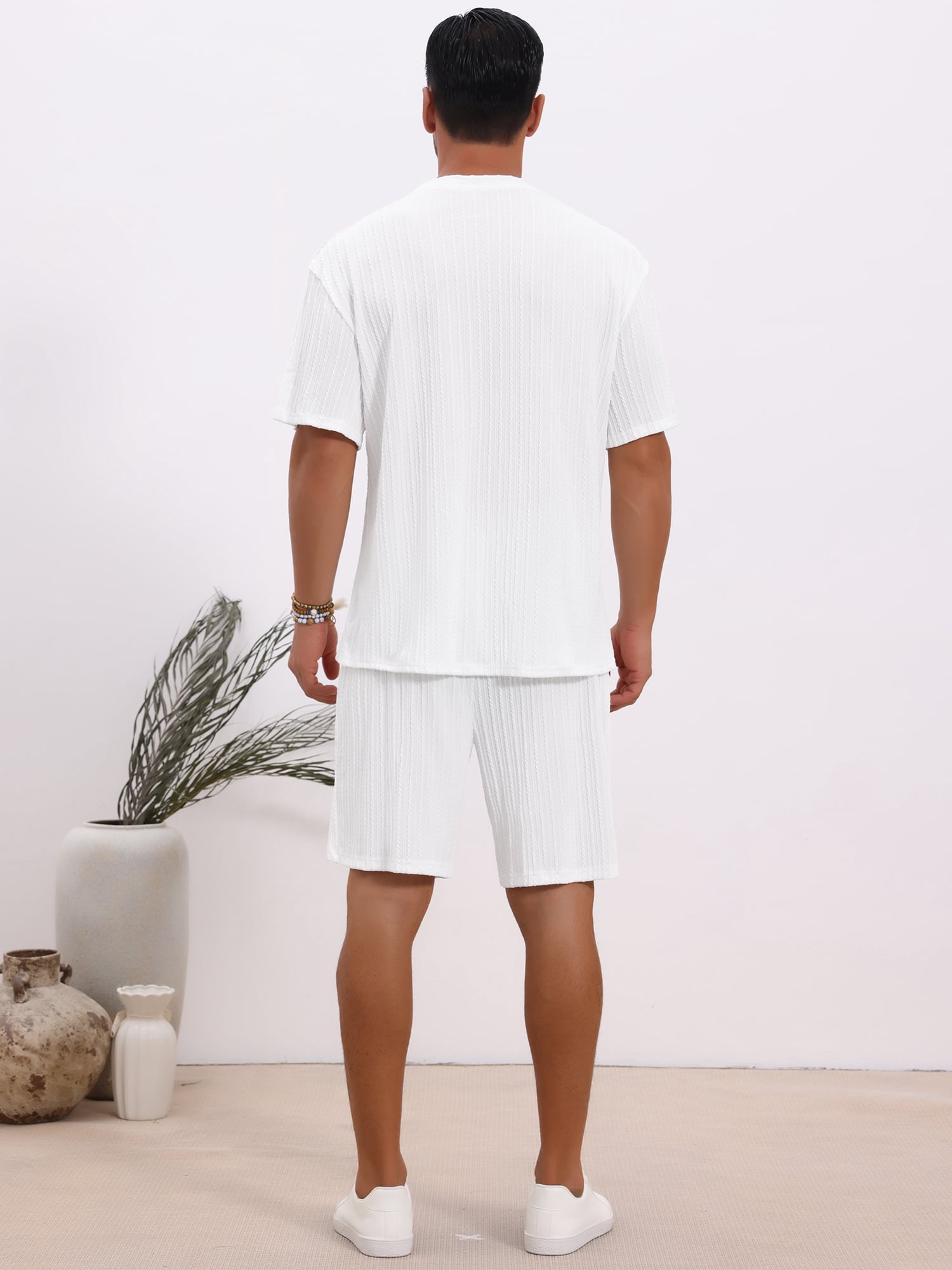 DARING DIVA Men's 2 Pieces Texture Crew Neck Shirt Top and Shorts Outfits 2XL White