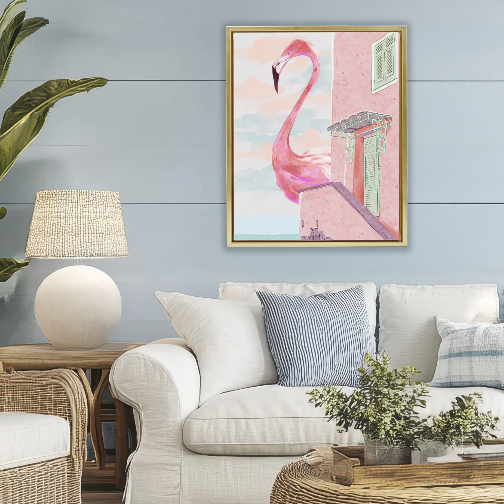 Stupell Industries Giant Flamingo with Seaside Balcony Gold Framed Floater Canvas Wall Art, design by Ziwei Li