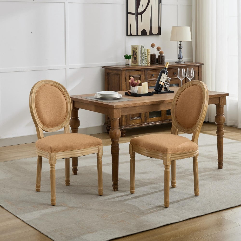 French Style Dining Chairs Set of 2, Solid Wood Upholstered Dining Room Chairs with Linen Fabric, Cushioned Backrest, Antique Finish, Tan