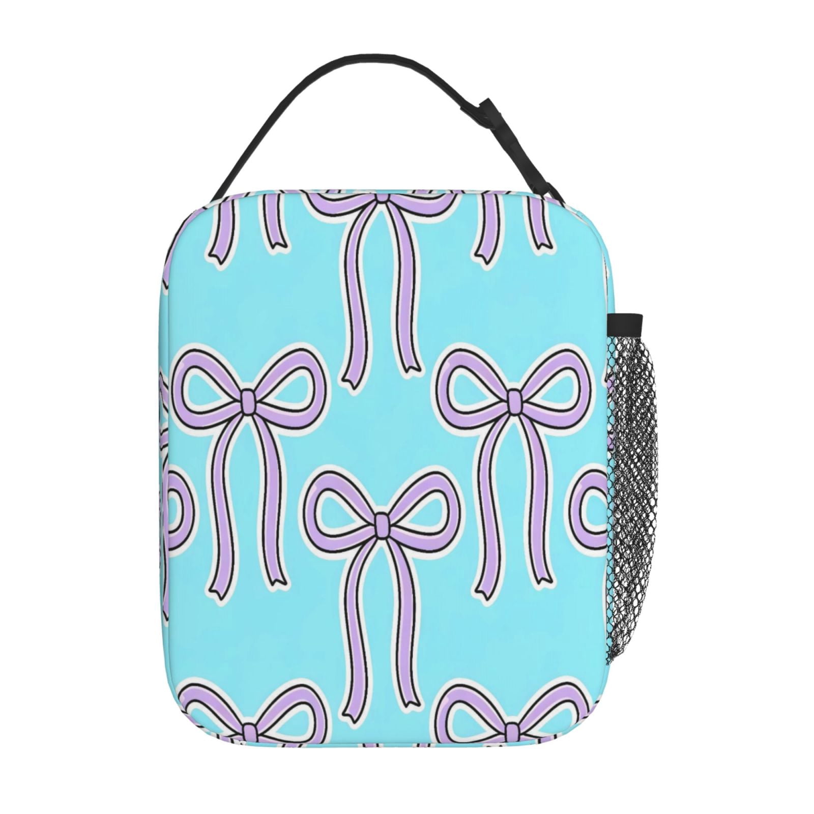 Lunch Bag For Women Men Insulated Portable Lunch Box Bento Box Office Picnic Travel Cooler Bag Purple Bow On Blue Background