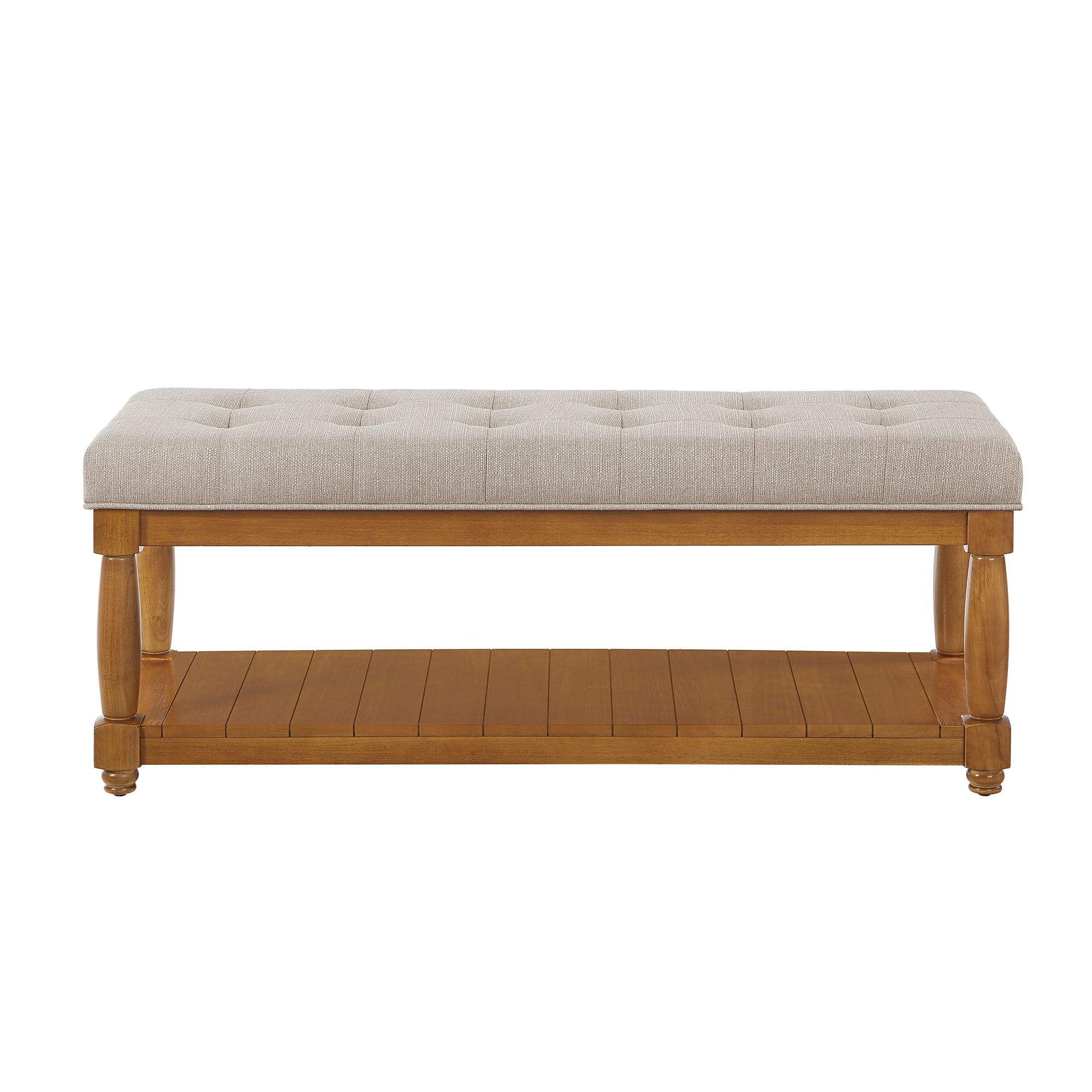 Leumius Upholstered Linen Bench with Storage Shelf, Solid Wood Spindle Legs Accent Furniture Tufted Ottoman Bench for Bedroom Entryway Living Room Beige