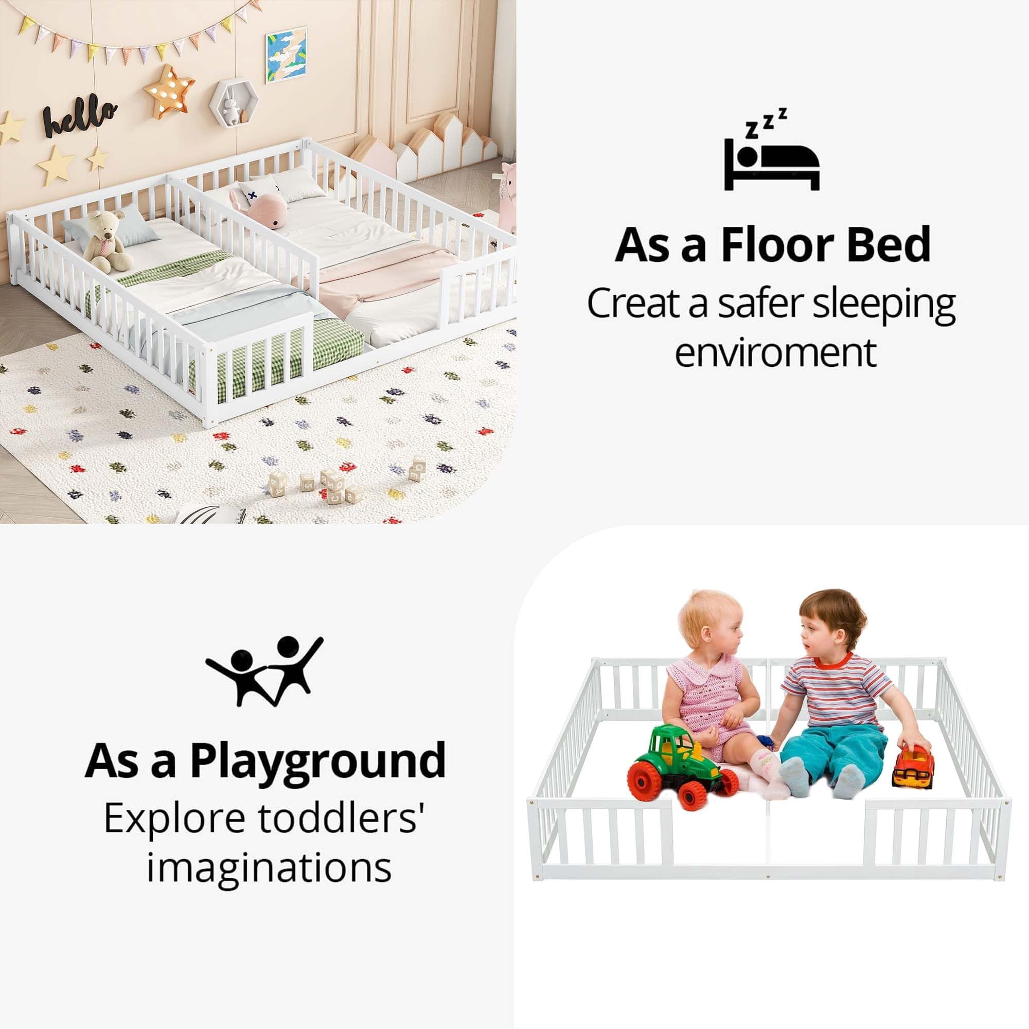 Twin Floor Bed for 2, Montessori Bed Frame with Fence, Wooden Double Floor Bed with Guardrails for Two Boys Girls, Box Spring Needed, White