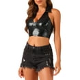 thumbnail image 4 of INSPIRE CHIC Holographic Crop Top for Women's Shimmering Shiny Party Halter Metallic Tops L Black, 4 of 5