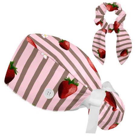 

Working Cap with Buttons and Sweatband Scrub Hat Bouffant Caps with Scrunchie Strawberries and Stripe Tie Back Hats