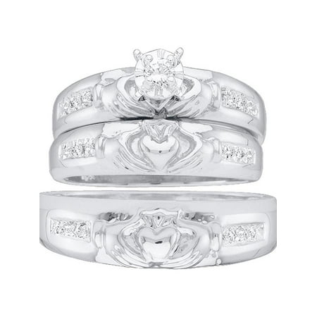 His And Her Wedding Gifts 10kt White Gold His & Hers Round Diamond Claddagh Matching Bridal Wedding Ring Band Set 1/8 Cttw Fine Jewelry Ideal Gifts For Women Gift Set From Heart ()