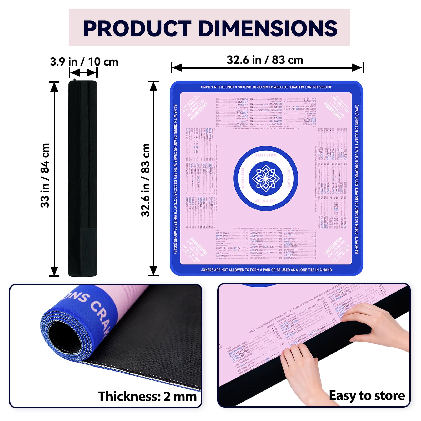 Classic Mahjong Game Mat | 32x32 Inch Non-Slip, Noise-Reducing Mat with Official Rules for Easy Learning | Portable Multi-Game Surface for Poker, Tiles, Dominoes & Cards (Pink & Blue)
