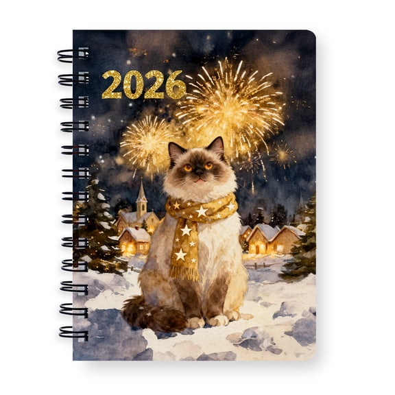 Ragdoll Happy New Year 2026 with Fireworks on New Year's Eve Spiral Bound Journal Cat Lover Kitten Owner Gifts Idea 5x7in Spiral Notebook - 12022