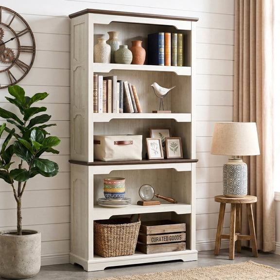 Farmhouse 70" 5-Shelf Open Bookcase, White Standing Bookshelf for Home & Living Room