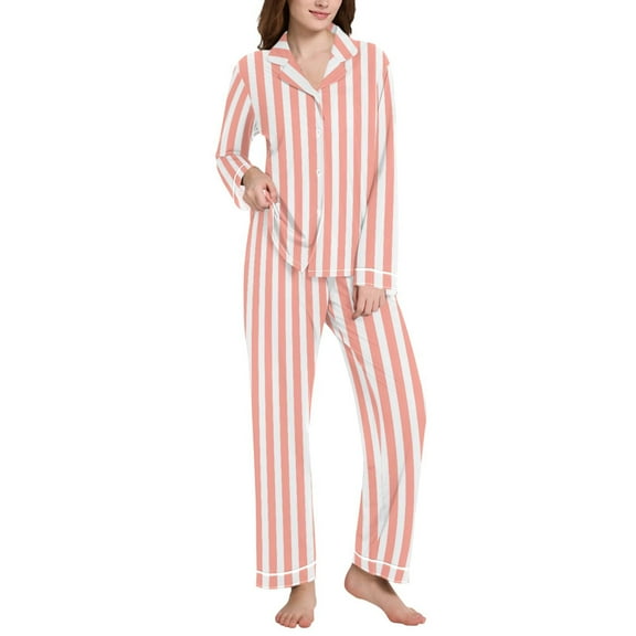 joogoo Pajamas Set for Women Pink and White Stripes Long Sleeve Pjs Loungewear L