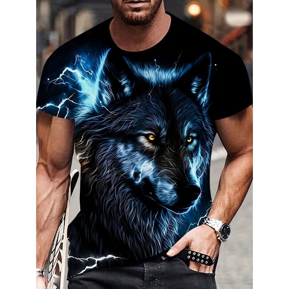 Men's Lightning Wolf Pattern Printed T-Shirt 3D Printed Crew Neck Casual Short Sleeve Summer Men's Novelty T-Shirt Top
