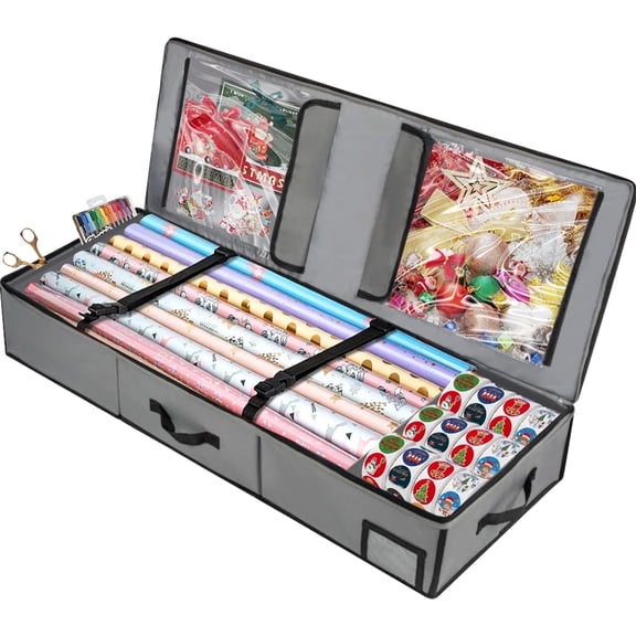 Yexmas Wrapping Paper Storage Containers - Gift Wrap Organizer, Christmas Wrapping Paper & Holiday Accessories Storage Box, Large Capacity, Gray
