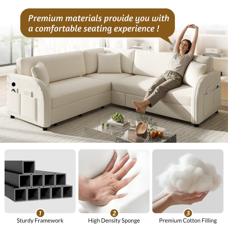 85.1" L-Shaped Sleeper Sofa with Pull Out Bed, Convertible Sectional Sofa Couch with USB Charging Port & Side Pocket, Sherpa Fleece Upholstered Sofa Bed, Oversized 5-Seat Sofa for Living Room