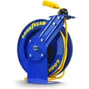 Goodyear Industrial Retractable Extension Cord Reel - 14AWG x 100' Ft, 3 Grounded Outlets, Max 13A