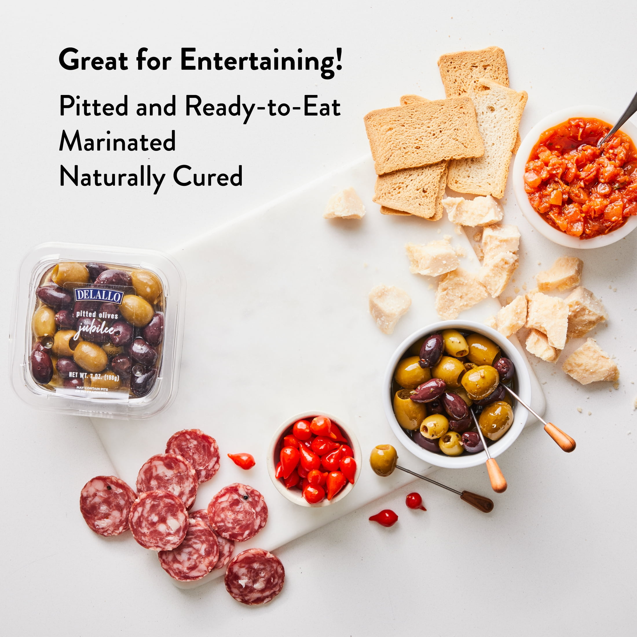 DeLallo Marinated Pitted Olives Jubilee, with Kalamata, Nicoise, Picholine, & Green Olives, 7 oz Container