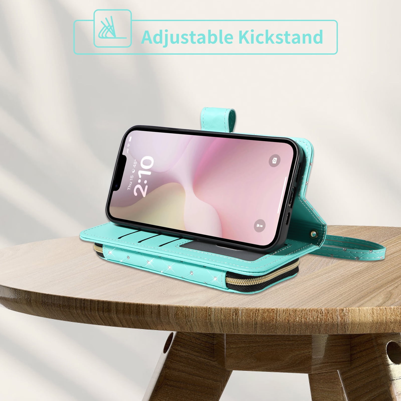 Compatible with iPhone 16e/SE 2025/SE 4 Wallet Phone Case Tempered Glass Screen Protector Bling Glitter Crossbody Lanyard Strap Flip Zipper Purse Card Holder Cell Cover for i Phone16e SE4 Women Green