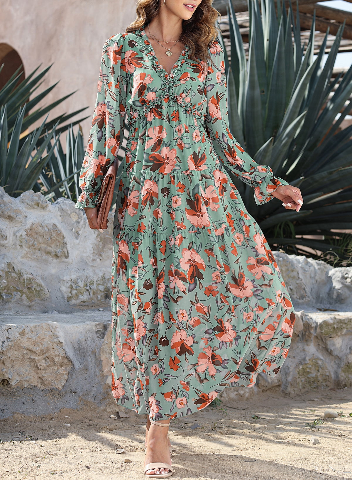 SHEWIN Womens Long Sleeve Bohemian Floral Maxi Dresses Loose Casual High  Waist Boho Printed Beach Party Dress M