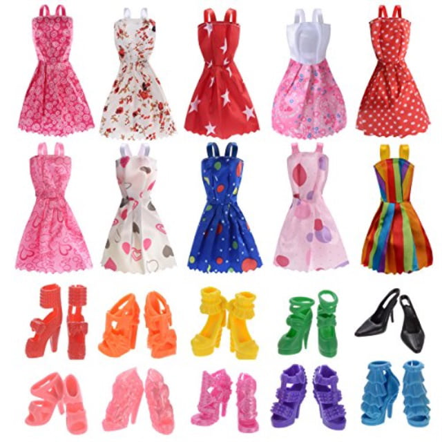 5 pcs Party Wedding Gown Dresses Clothes 10 Pairs Shoes For Barbie Doll 