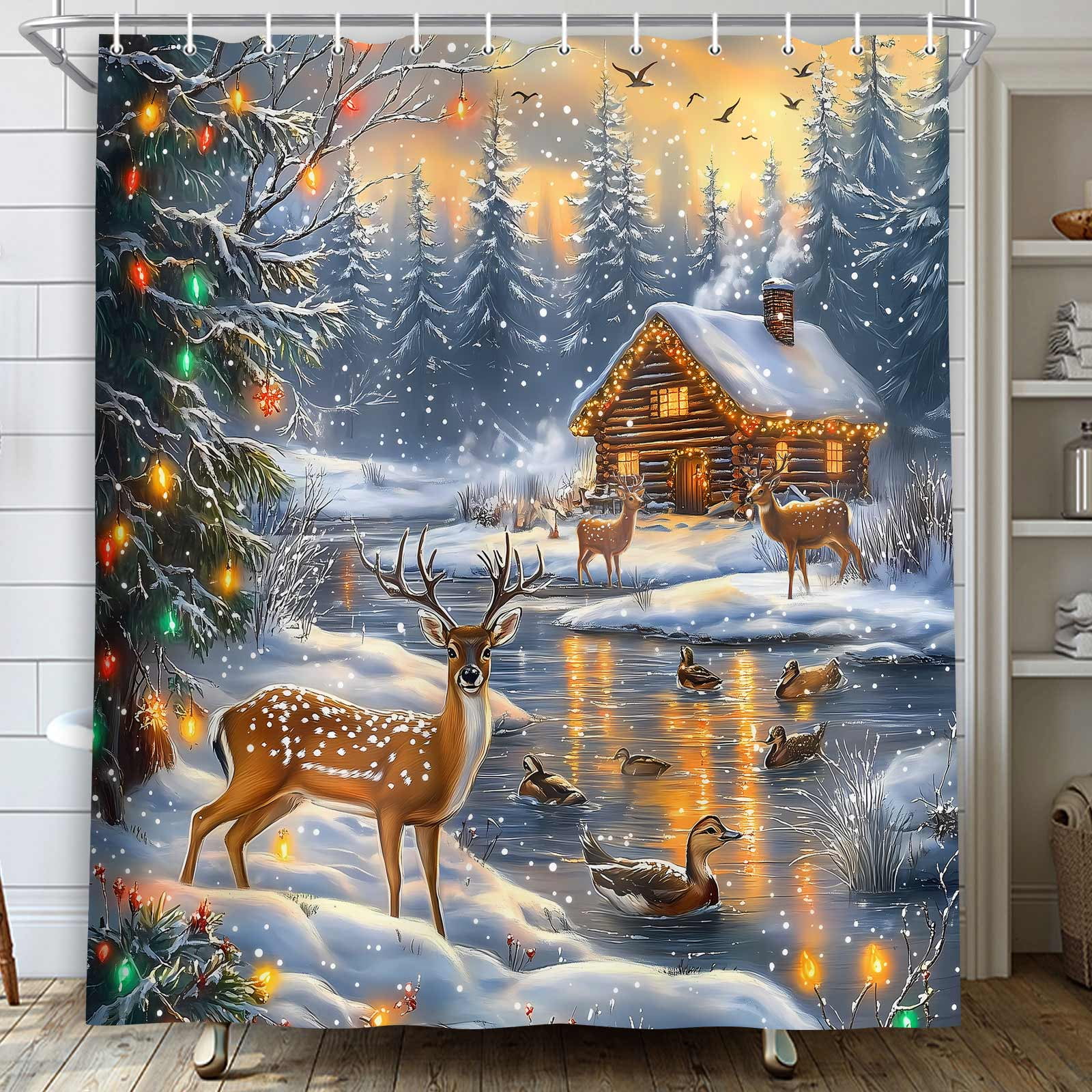 Winter Christmas Deer Shower Curtain, Farmhouse Cabin Hunting Xmas Snowflake Reindeer Nature Forest Snowy Mountain River Scenery New Year Bathroom Decor Curtain Polyester Fabric 70 x 70 Inches