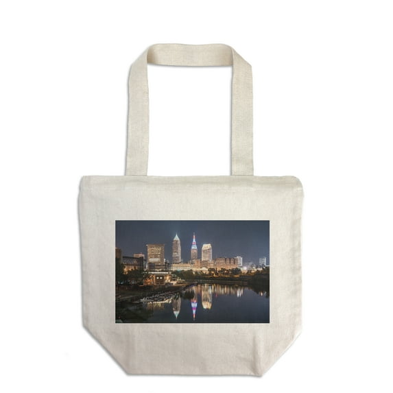 Cleveland, Ohio, Cleveland Skyline at Night with Terminal Tower, Photography A-92984 (100% Cotton Canvas Reusable Tote Bag)