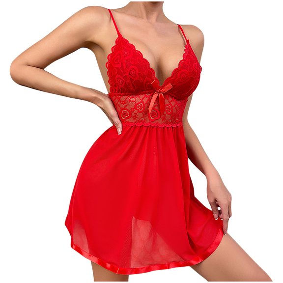 JSGEK Sexy Chemise Lingerie Nightgown for Women Spaghetti Strap Satin Bust Sheer Mesh Skirt Mini Dress Intimate Sleepwear Nightwear Red M