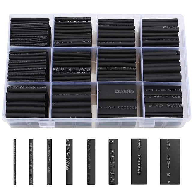 Tubo termorretráctil 650 piezas Tubo termorretráctil negro 8 tamaños Relación 2:1 Kit de tubo termorretráctil, negro