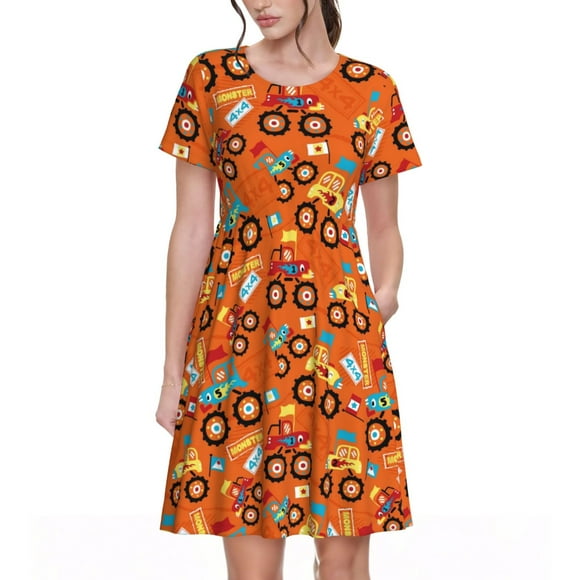Saiise Monster Truck,Truck Cartoon Pattern Summer Dresses for Women Casual Tshirt Short Sleeve Floral Sundress Beach Cover Ups with Pockets
