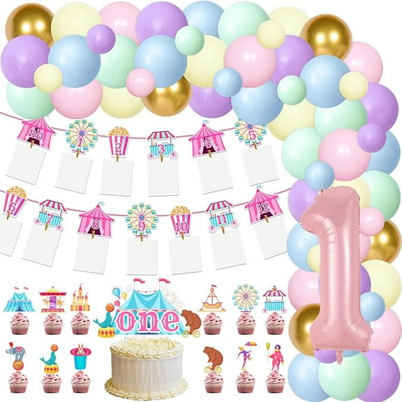 Circus Carnival Theme 1st Birthday Decorations Kit with Carnival Balloon Garland Arch Circus Photo Banner Cake Toppers for Girls Baby Shower 1st Birthday Party Supplies