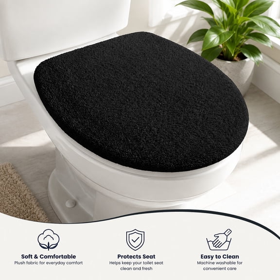 Black Microfiber Toilet Lid Cover Non-Slip Soft Elastic Toilet Seat Cover Adjustable Fit Most Round and Elongated Toilets Bathroom Decor