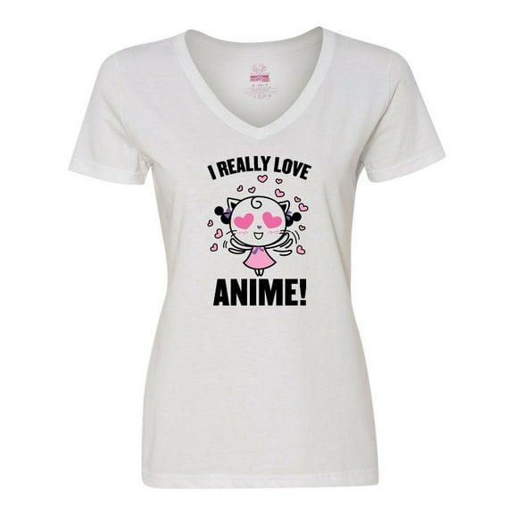 Inktastic I Really Love Anime with Cute Anime Cat and Hearts Women's V-Neck T-Shirt