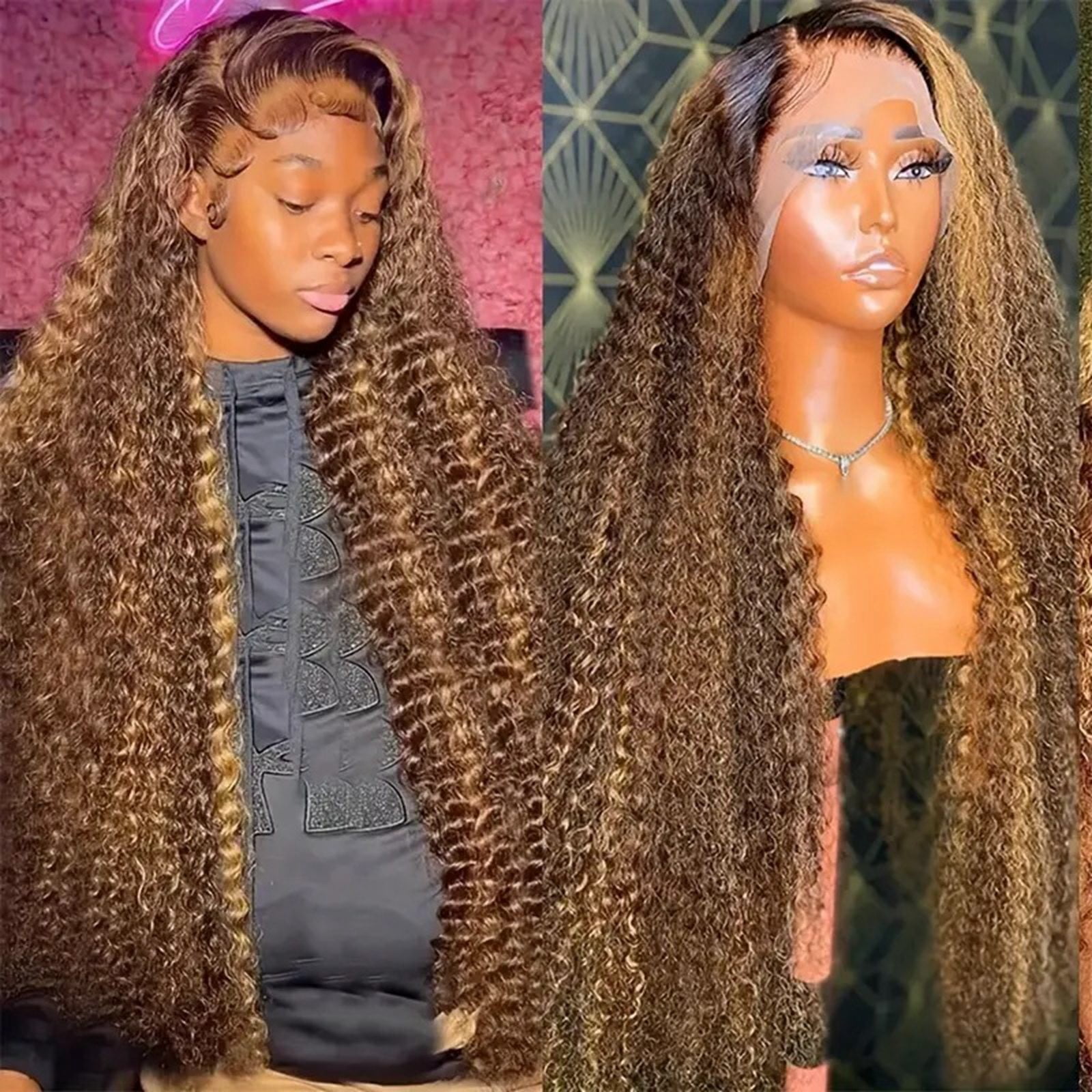 Yoofe Wigs Human Hair,Front Lace Wig Front Lace Wig Women's Highlighted Gradient Wave Long Curly Hair Piano Color Wig Wave Wigs for Women Natural Color 1Pc,24 Inches