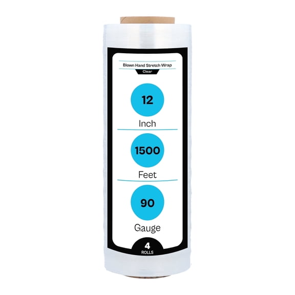 MMBM Blown Hand Stretch Wrap 12" x 1500' 90 Gauge 4 Rolls Clear Heavy Duty Film for Pallet Wrapping and Storage