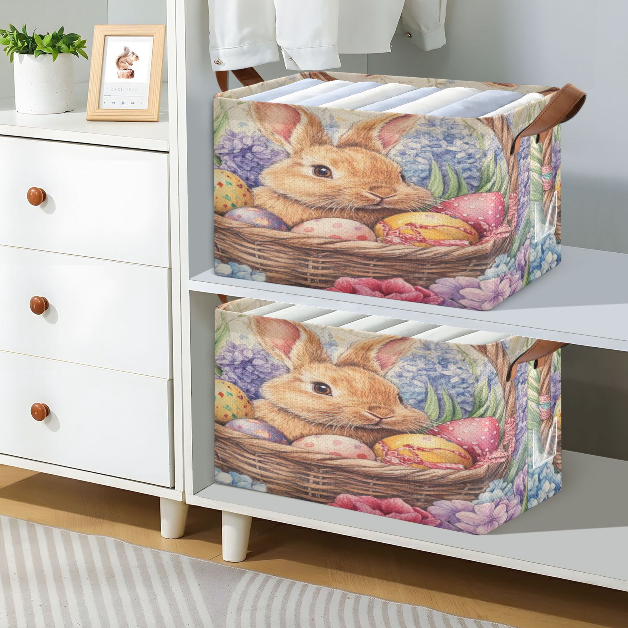 WOBOGO Easter Bunny Storage Basket 16.9×11.4×10in Collapsible Oversized with Metal Iron Frame Set of 1