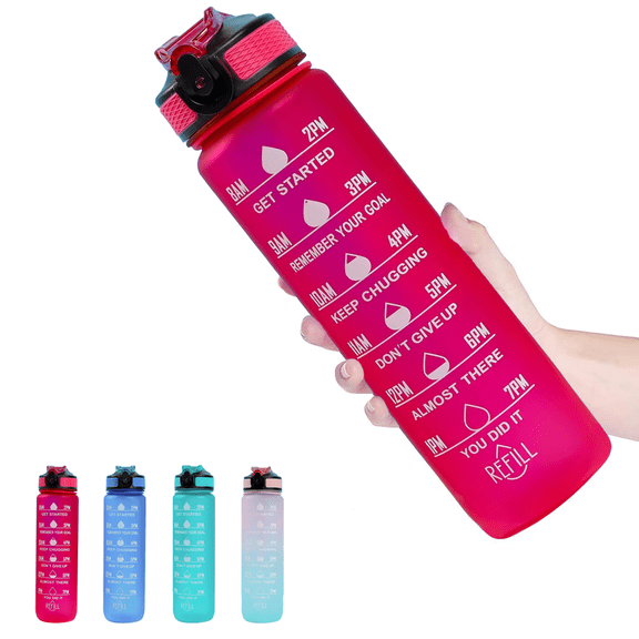 Medstation Motivational with Time Marker 32 oz Pink Tritan Plastic Water Bottle with Carry Strap
