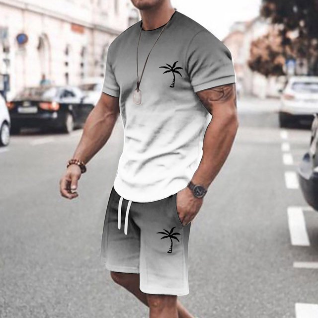 Men's Suits Product Category and Title Synthesis for Summer Tracksuit Plus Size Short Sleeve O Neck Athletic Casual Color Block Drawstring Waist Set