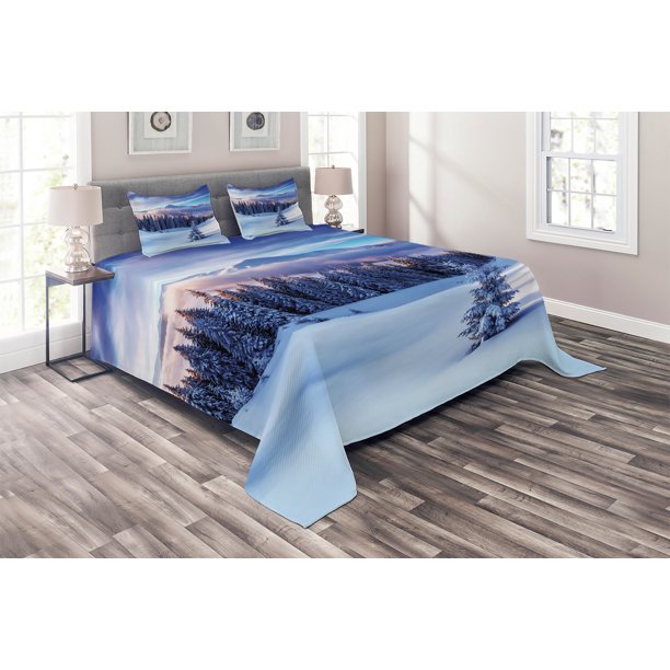Winter Coverlet Set King Size, Surreal Winter Scenery with High