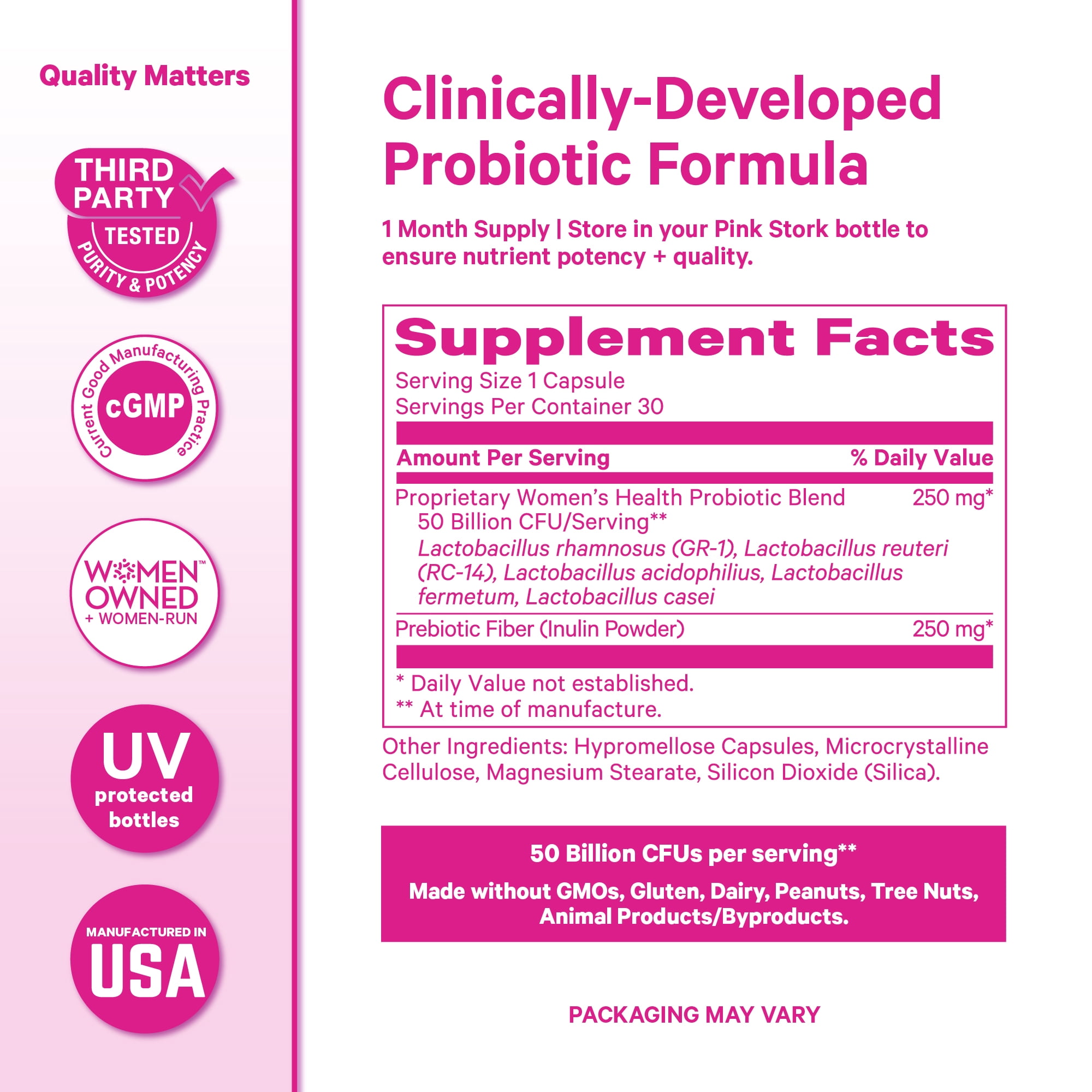 Pink Stork Probiotic Supplement for Women, Gut Health, Gluten Free, 30 Capsules