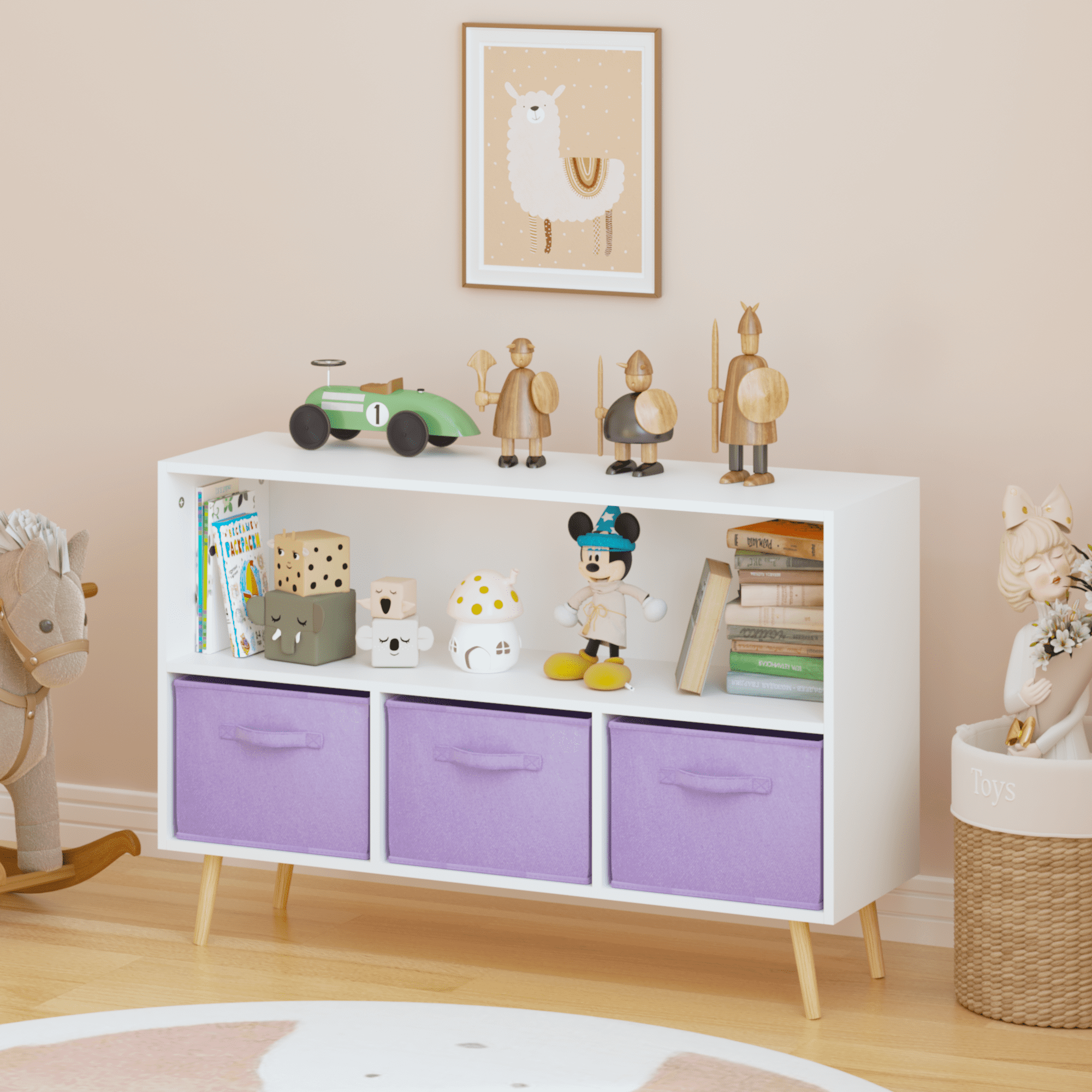Kids Bookcase with Collapsible Fabric Drawers, Children Book Display & Toy Storage Organizer, White/Purple, Anti-Tip Safety Cabinet