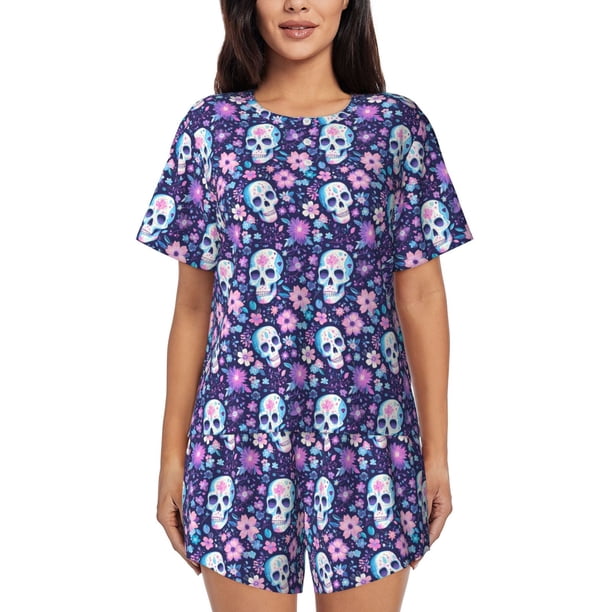 Balery Skull Purple Flower Conjunto de Pijama para Mujer con Estampado, Dos Piezas de Manga Corta y Shorts, Ropa de Dormir Suave con Cuello Redondo y Bolsillos-3X-Large