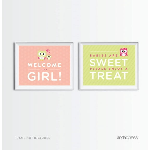 Welcome | Enjoy A Treat  Modern Owl Girl Baby Shower Party Signs, 2−Pack, 2-Pack