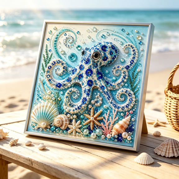 Ocean Theme Pearl Art DIY Kit,Blue Ringed Octopus 3D Diamond Painting Crafts,DIY Pearl Mosaic Wall Art Set With Rhinestones And Beads,Coastal Home Decor Gift For Adults Beginners A1