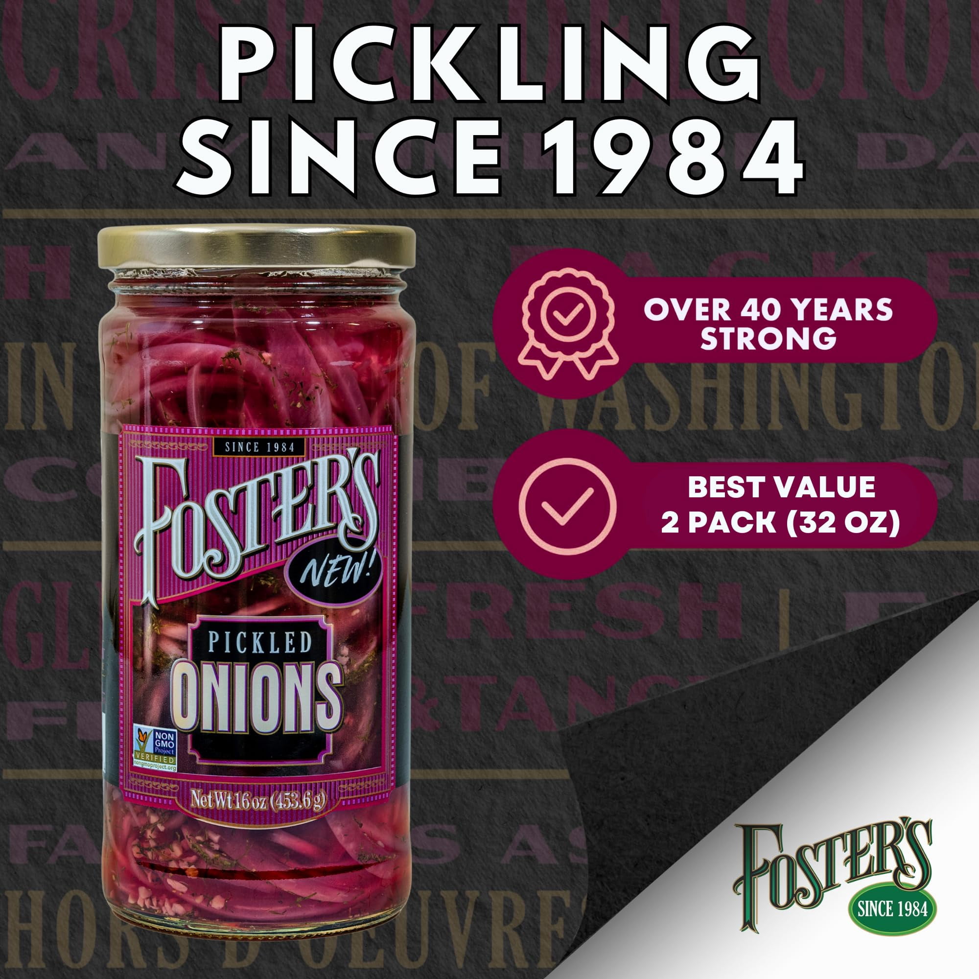 Foster's Pickled Red Onions in a Jar,  16oz, 2 Pack, Traditional Vegetables Recipe for over 40 years, Low Calorie Snack Chopped Onion, Gluten Free, Fat and Preservative Free Red Onion
